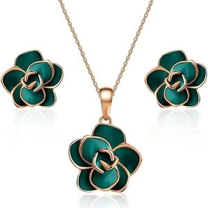 Rose Flower Necklace Earrings Set for Women 18K Gold Plated  Jewelry Set